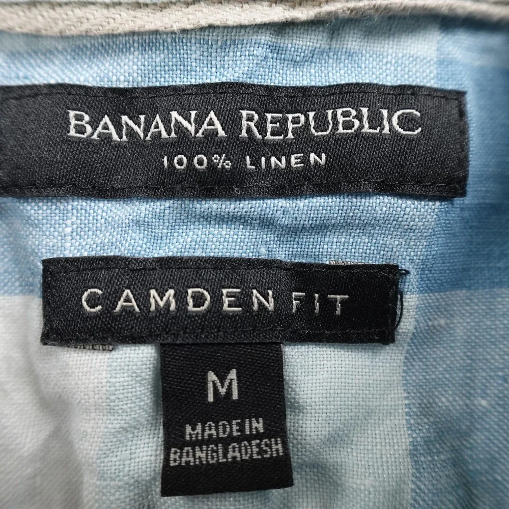 Banana Republic Shirt Mens M Blue Check Linen Chambray Button Up Long Sleeve Top